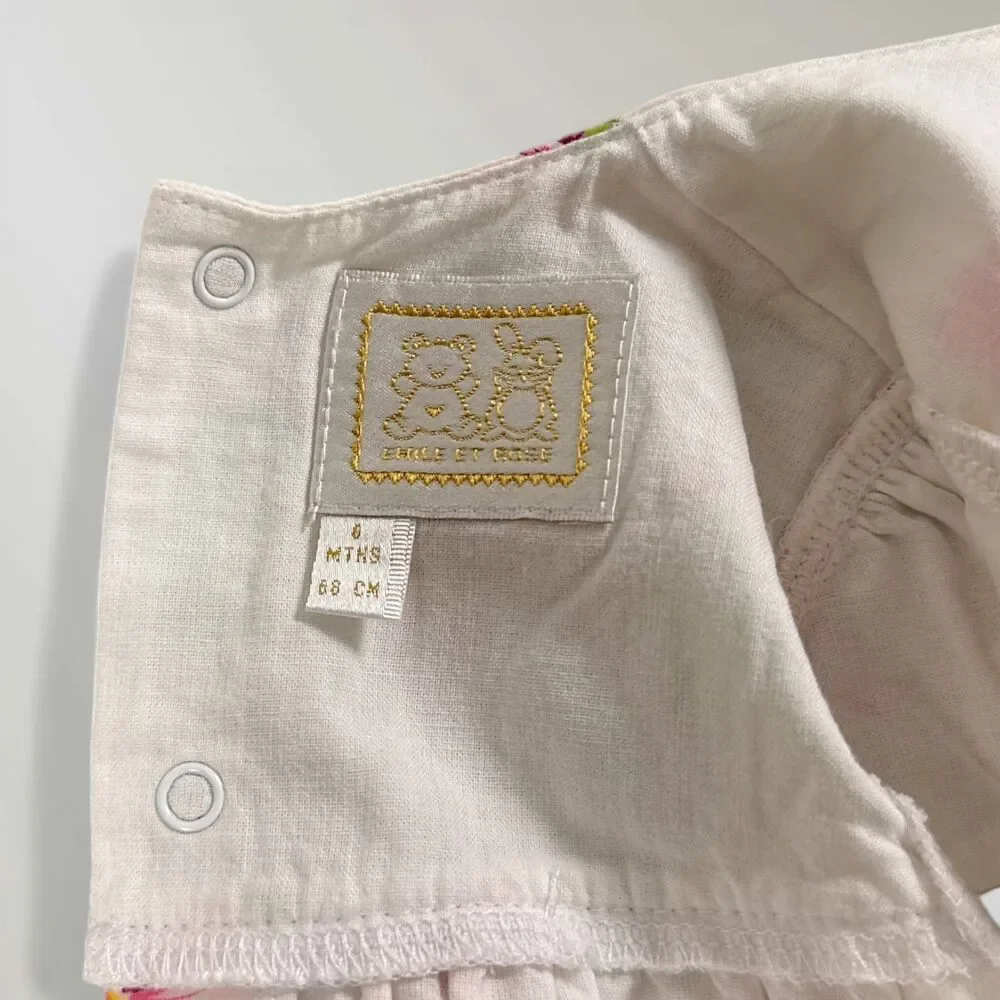 Emile et Rose Baby Girl's Dress Floral White Pink Lined 100% Cotton Size 6M